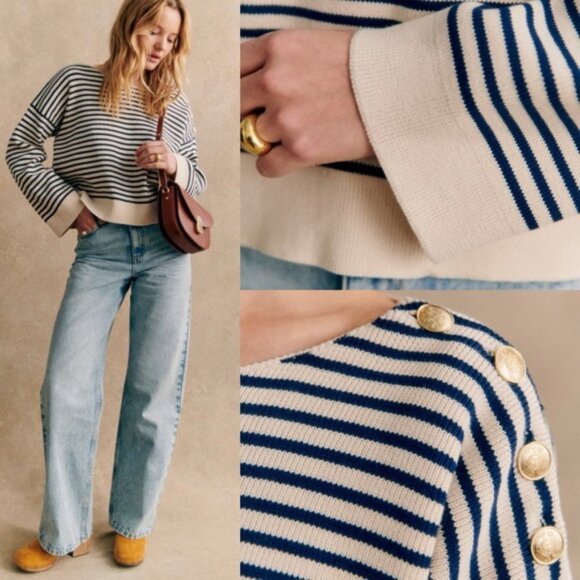 Sezane Daisy Jumper Sweater Natural Navy Blue Striped Size Large Gold Buttons - Picture 2 of 14